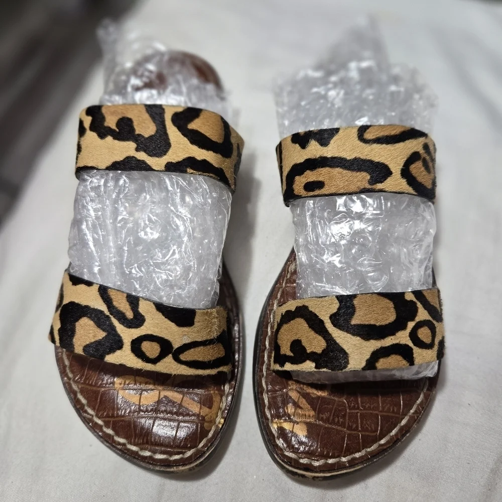 Sam Edelman Gala Double Strap Slide Sandal Leopard Brahma Hair Sz 4